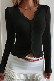 Lace Trim Ribbed V Neck Cardigan