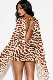 Leopard V Tie Wide Sleeve Flowy Mini Dress