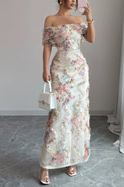 Ruffle Mesh Floral Mermaid Maxi Dress