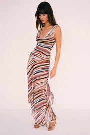 Striped Cowl Neck Asymmetric Midi Dress