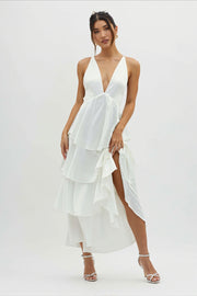 Satin V-Neck Cami Tiered Slim Maxi Dress