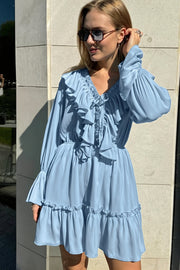 White V Ruched Flare Ruffle Mini Dress