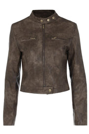 Distressed Brown Cropped Moto Jacket