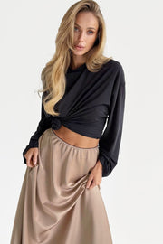 Lace-Trim Satin Long Maxi Skirt