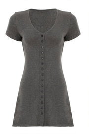Solid Button Knit V Neck Slim Mini Dress