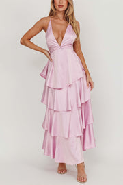 Satin V-Neck Cami Tiered Slim Maxi Dress