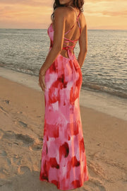 Watercolor Print Lace Up Fishtail Maxi Dress