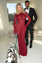 Red Leopard Print Crew Neck Backless Mermaid Maxi Dress