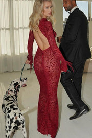 Red Leopard Print Crew Neck Backless Mermaid Maxi Dress