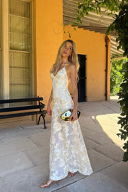 Floral Applique Halter Sheer Hem Maxi Dress