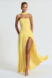 Strapless Scarf Detail Slit Maxi Dress