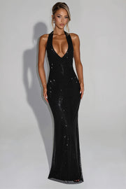 Sequin Deep V-Neck Bodycon Maxi Dress