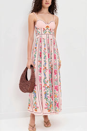 Linen Floral Spaghetti Long Boho Dress