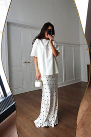 Polka Dots Satin Fishtail Maxi Skirt