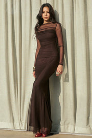 Sheer Mesh Open Back Long Sleeve Maxi Dress