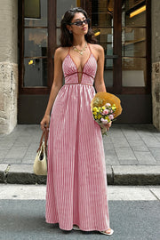 Slim Striped Halter Backless Beach Cami Maxi Dress