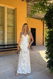 Floral Applique Halter Sheer Hem Maxi Dress