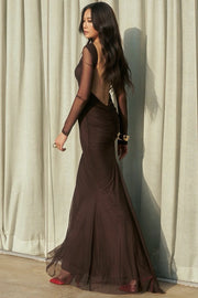 Sheer Mesh Open Back Long Sleeve Maxi Dress