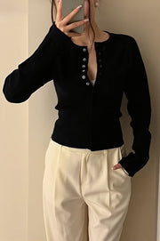 Ribbed Round Neck Fitted Waist Cardigan