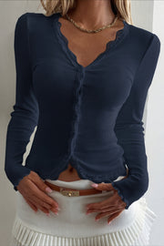 Lace Trim Ribbed V Neck Cardigan