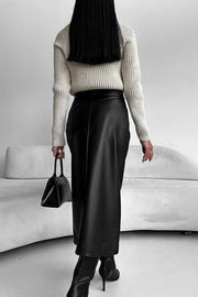 Faux-Leather Front-Slit Skirt