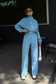 Athletic Velvet Collar Zipper Long Sleeve Two Piece Set