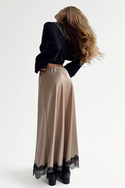 Lace-Trim Satin Long Maxi Skirt
