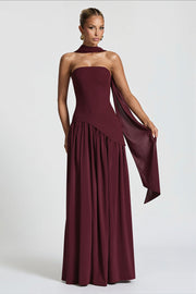 Strapless Scarf Detail Slit Maxi Dress