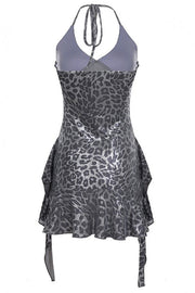 Shiny Leopard Ruffle Halter Mini Dress