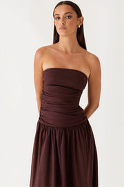 Strapless Ruched Drop-Waist Maxi Dress