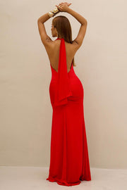 Draped Halter Fishtail Maxi Dress
