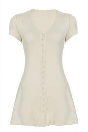 Solid Button Knit V Neck Slim Mini Dress