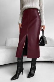 Faux-Leather Front-Slit Skirt