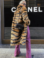 Faux Fur Tiger Striped Loose Overcoat