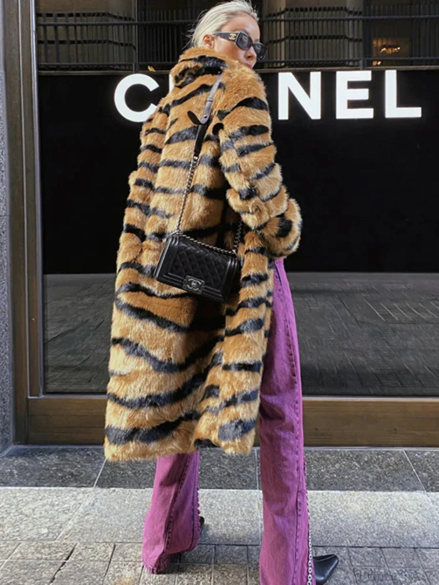 Faux Fur Tiger Striped Loose Overcoat