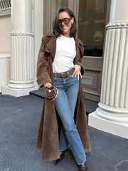 Faux Leather Lapel Double-Breasted Overcoat