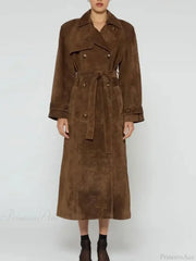 Faux Leather Lapel Double-Breasted Overcoat
