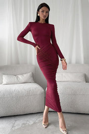 Round Neck Ruched Long Sleeve Maxi Dress