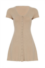 Solid Button Knit V Neck Slim Mini Dress