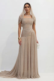 Khaki Pleated Draped Strapless Maxi Dress