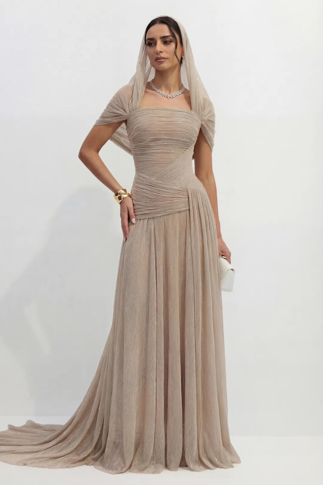 Khaki Pleated Draped Strapless Maxi Dress
