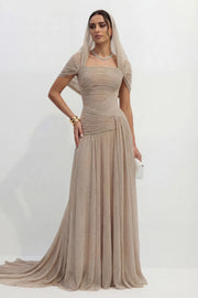 Khaki Pleated Draped Strapless Maxi Dress