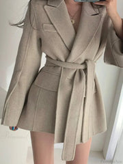 Lapel Belted Spliced Pockets Overcoat