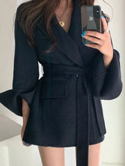Lapel Belted Spliced Pockets Overcoat