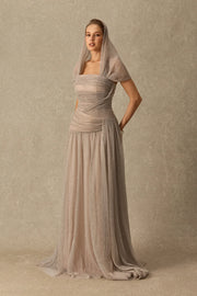 Khaki Pleated Draped Strapless Maxi Dress