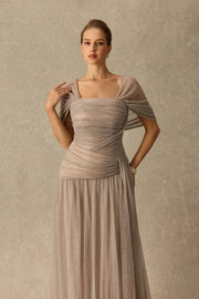 Khaki Pleated Draped Strapless Maxi Dress