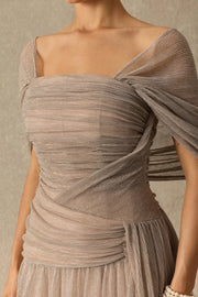 Khaki Pleated Draped Strapless Maxi Dress