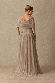 Khaki Pleated Draped Strapless Maxi Dress